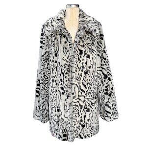 Beta's Choice Vintage Black and Cream Animal Print Faux Fur Coat Womens Size M